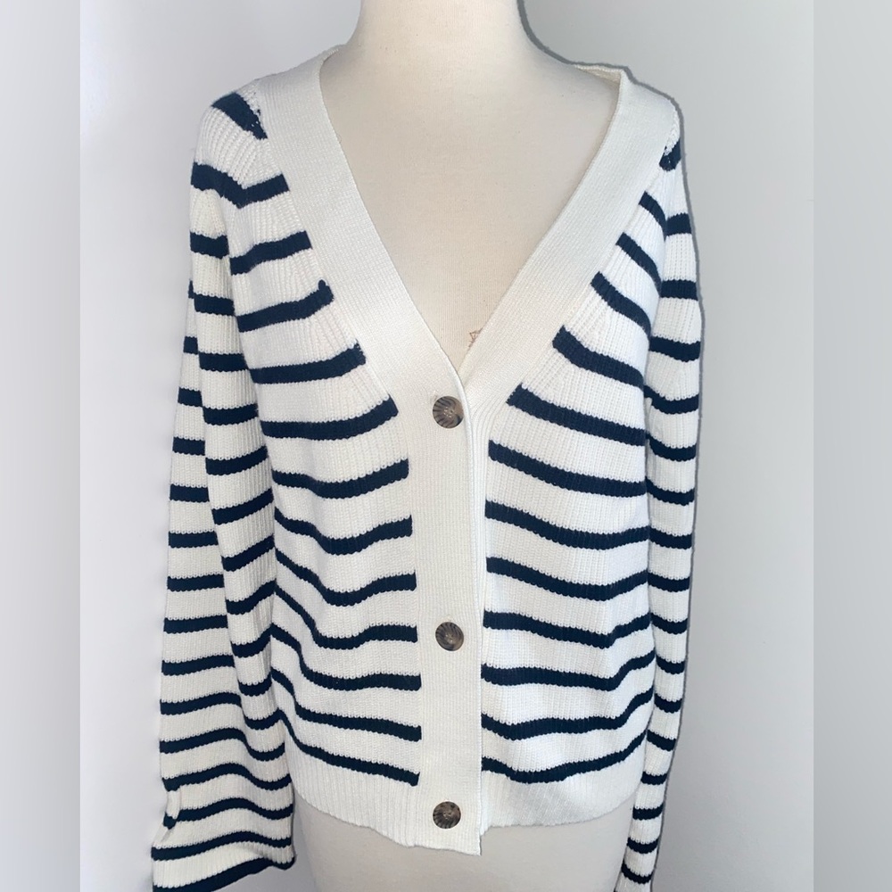 BOBEAU Striped V-Neck Button-Up Cardigan Sweater - Size L - NEW
